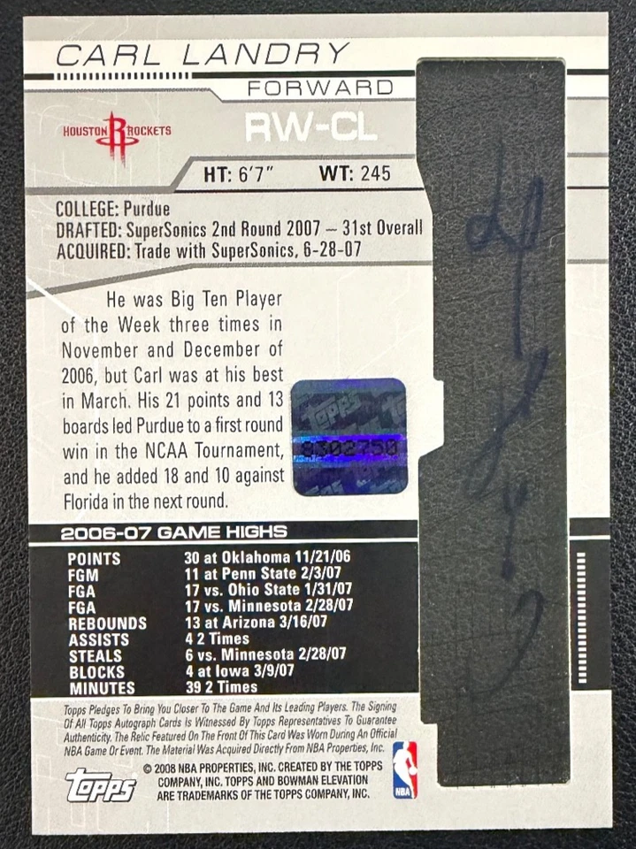 Parche de novato Carl Landry 2007-08 Bowman Elevation Writings autógrafo rojo 10/15 Foto 2 de 2