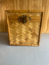 Vintage Basket Bamboo Rattan Boho Parquet Wooden Box with Brass Latch Hinged Lid