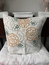 Vintage Hand Embroidered Linen Cushion Cover Handmade 50s French Original 51cm
