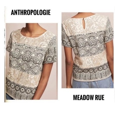 Meadow Rue Anthropologie Embroidered Sequin Blouse Ivory Black US 6 Short Sleeve