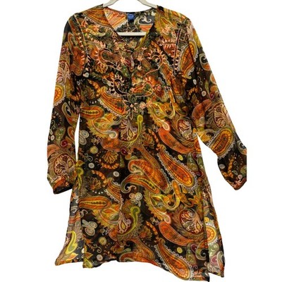 Silk Women sz L Paisley Embroidered Sheer Tunic Dress Top Boho hippie Dark Fairy