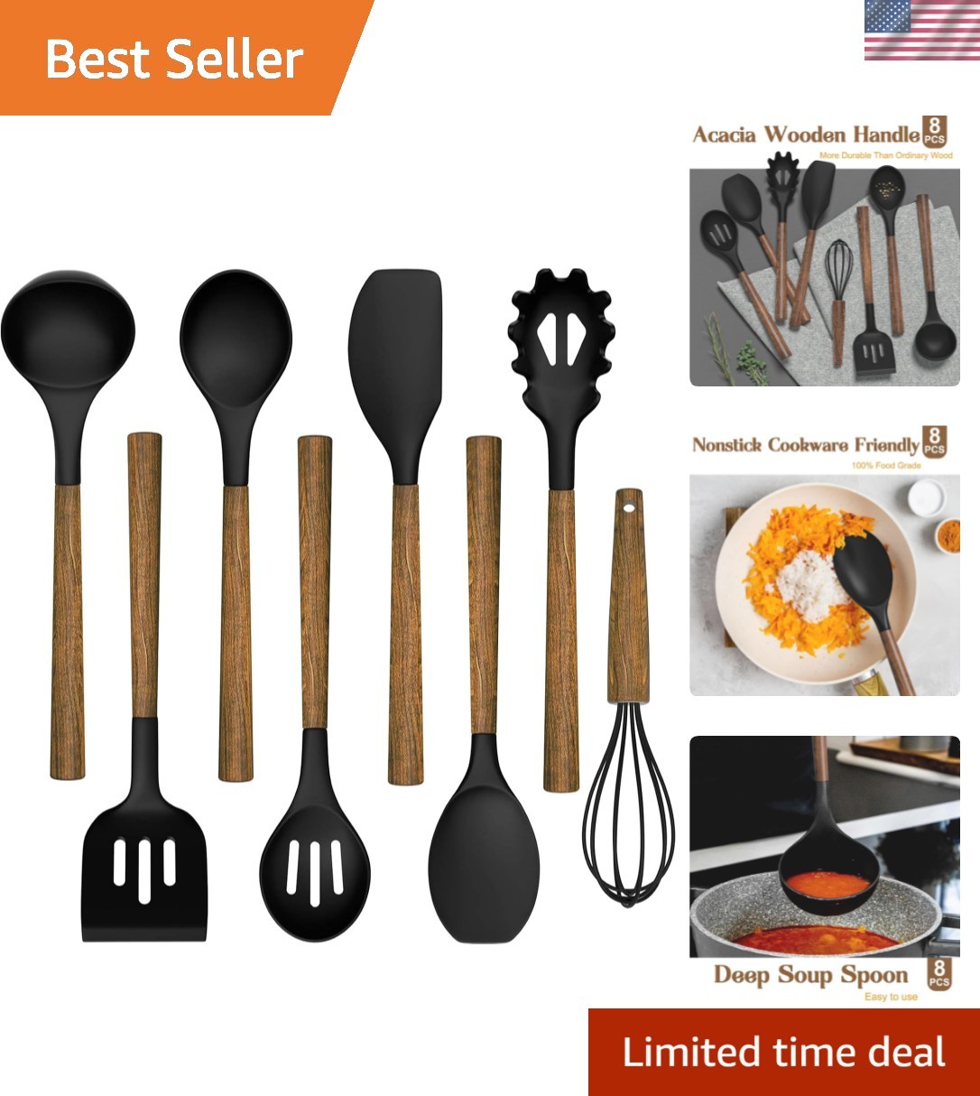 Silicone Cooking Utensil Set, 8-Piece Kitchen Utensils Set with Natural Acaci...