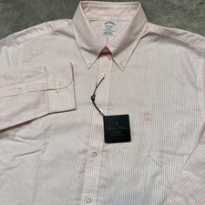 Brooks Brothers Shirt Men Large Pink Striped Oxford Logo Regent Fit Non-Iron NWT