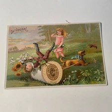 VICTORIAN TRADE CARD J&P COATS sewing thread Dog, Chasing Bird, Oh Oscar!