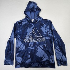 Adidas Hoodie Boys Large L 14/16 Camo Sweatshirt Blue Pullover Long Sleeve