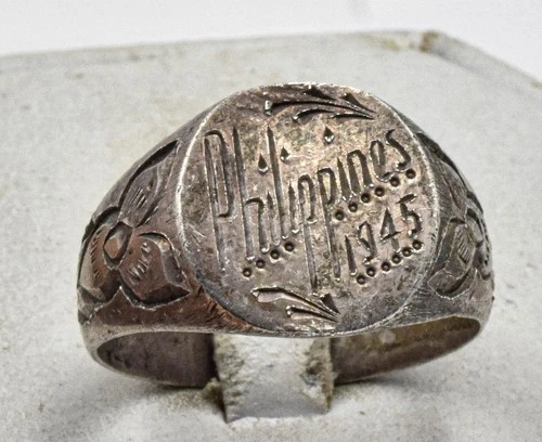 Vintage Sterling Silver 1945 Trench Art Hand Made PHILIPPINES ring band size 10