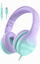 Kids USB-C Wired Over-Ear Headphones Mic Volume Limit Purple/Green KH5
