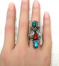 Southwest Native American Turquoise Coral Sterling Silver Ring Size-5 1/4