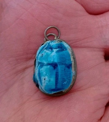 Antique Egyptian Revival Faience Blue Scarab Pendant Charm Hieroglyphics On Back