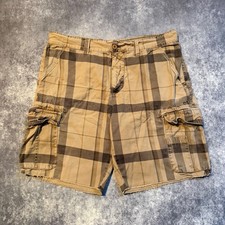 Y2K OP Ocean Pacific Mens Plaid Cargo Shorts Brown Tan Size 40 Cut Off Hem Surf