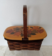 70s Vintage Wicker Basket Purse Hand Painted Floral Lid Signed 1977 Cottagecore