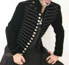 Mens Black Velvet Steampunk Cavalry Embroidery Military Officer Jacket 36"- 54"
