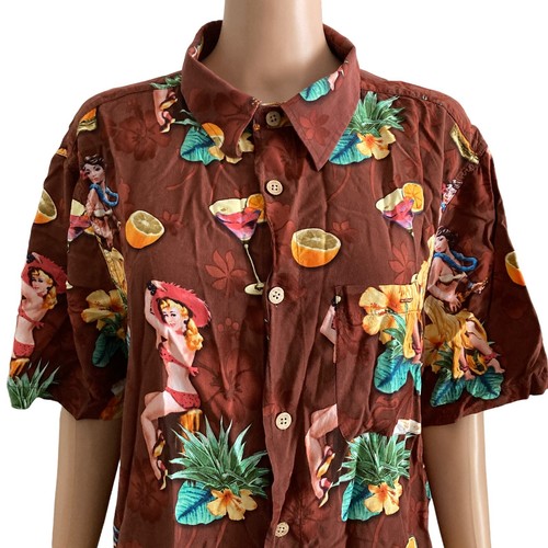 Junction West Shirt Mens 2XL Hula Girl cocktails Hawaiian Brown Lightweight - Picture 5 of 10