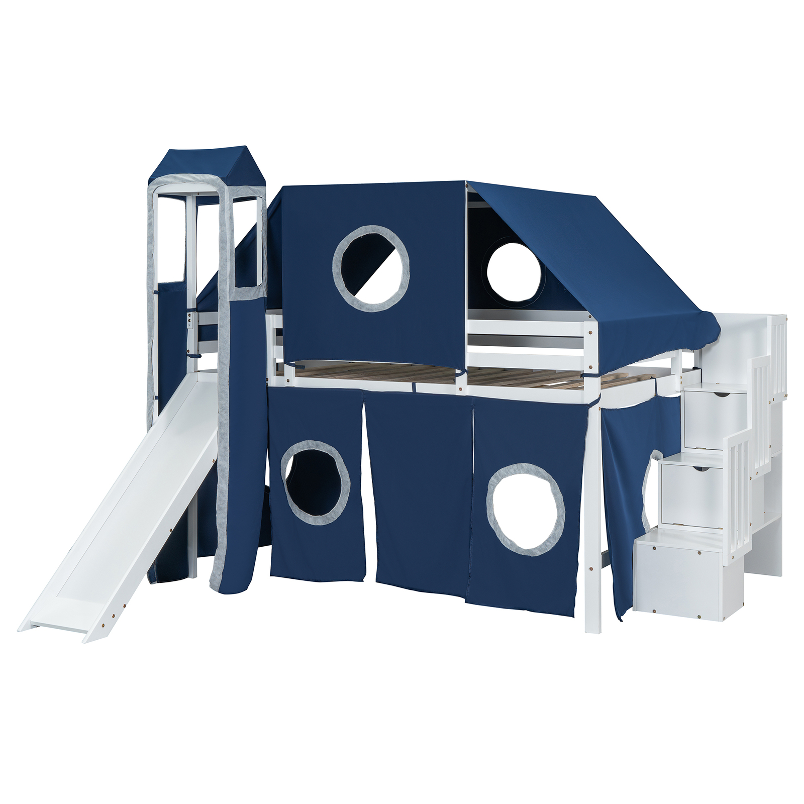 Full Size Loft Bed Frame with Tent Slide and Staircase For Kids Boys Blue