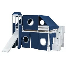 Full Size Loft Bed Frame with Tent Slide and Staircase For Kids Boys Blue