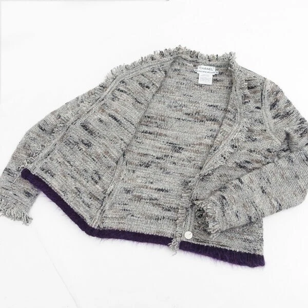 CHANEL Cardigan Maglia Frange Giacca Blouson Donna Taglia 38 Lana Grigio Viola Logo