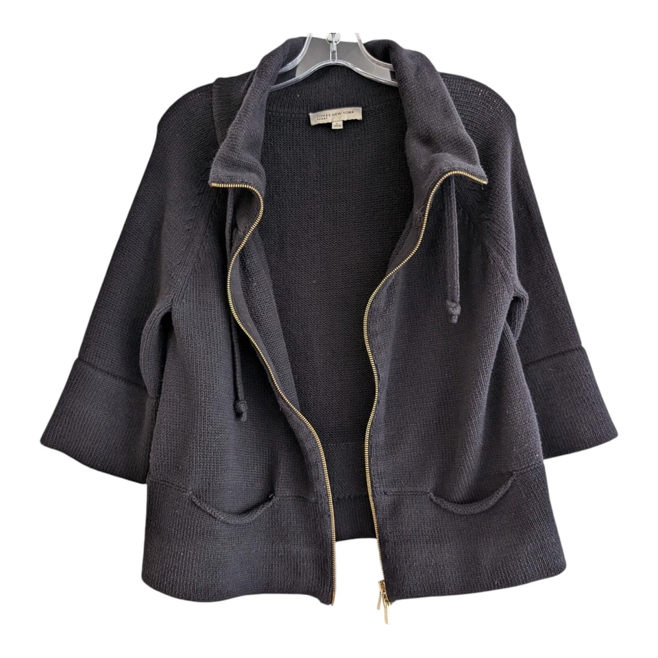 Cárdigan Jones New York Sport Negro Algodón Grande Doble Cremallera Herrajes Dorados  Foto 2 de 4