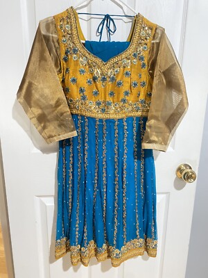 Pakistani Indian Designer Salwar Kameez Party Wear Yellow Gold Tone Blue  Dress | eBay