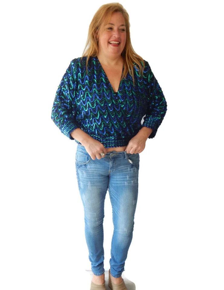 Vintage Sequin Slouch Crop Top Womens LRG Blue and Green Shoulder Pads 1980s - Image 2 of 4