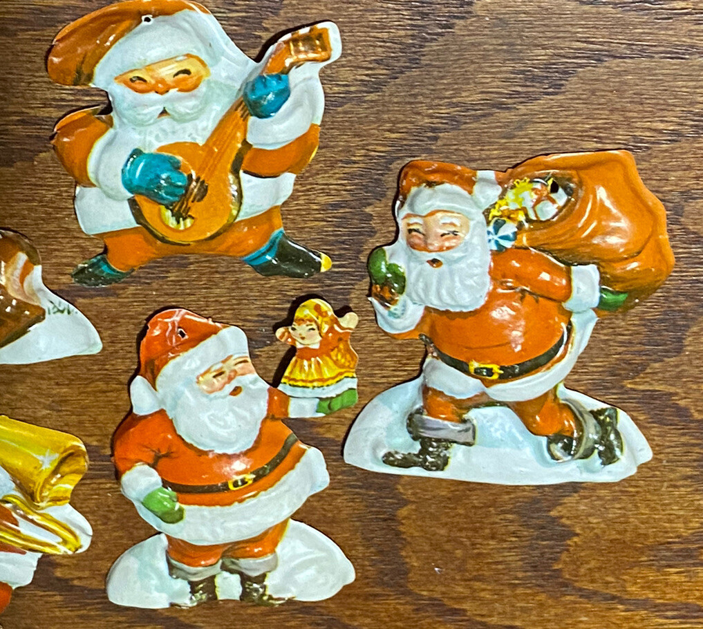 Vtg Celluloid Molded Plastic CHRISTMAS Ornaments SANTA Reindeer 3D Cake