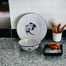 Butterfly Brand Enamelware Koi Fish Plate and Rice Bowl