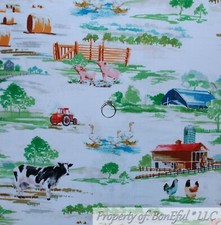 BonEful Fabric FQ Cotton Quilt B W Cow Scenic Farm Animal Red Tractor Green Tree