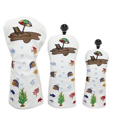 Beach Fish Seaweed Leather Golf Head Cover For Driver Fairway Wood Hybrid Club