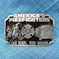 Americas Fire Fighters Belt Buckle Ever Ready Willing Vtg 80s Siskiyou  .DBD450