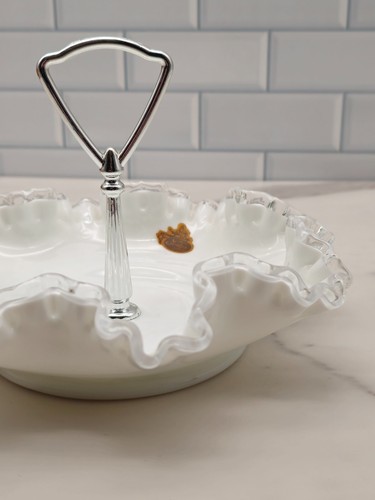 Vintage Fenton Silver Crest Milk Glass Ruffled Bon Bon Bowl With Handle - Picture 6 of 19