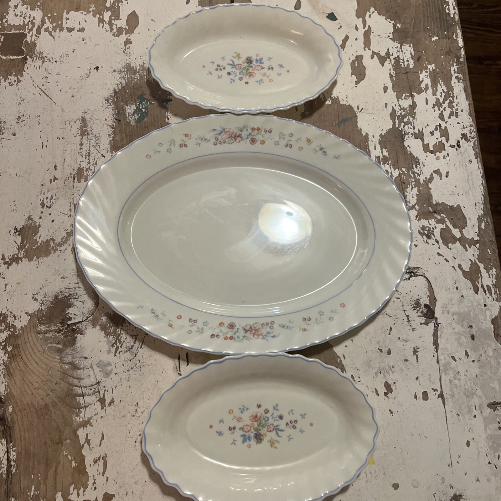 Vintage Arcopal VICTORIA Oval Platter & (2)Relish Dish Floral Milk Glass France