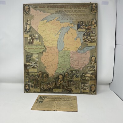 Vintage The  Old Northwest Territory Map 1787 printed in 1936 water dmg bottom.