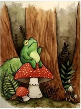 24"Lx16"W Cute Chubby Green Frog Toad on Red Mushroom Forest Canvas Print Poster