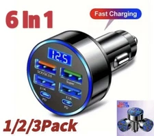 6-in-1 Multi-Port Adapter Car Charger with Display USB 3.0/3.1A Fast Charging