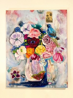  Hope In Bloom  Acrylic Oil Collage On Canvas 16 x20  Painting Flowers Bird