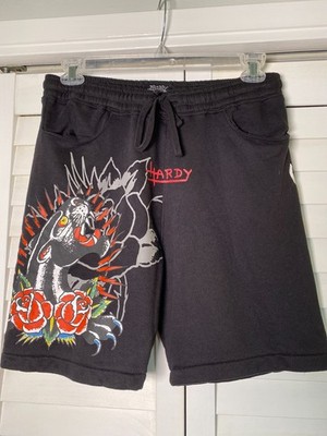 NEW ED HARDY Panther Roses EHM8100-1 Black Fleece Shorts Garage Biker | Med