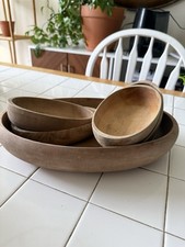 A Set Of 5 Hand Carved Wooden Oval Bowls Vintage