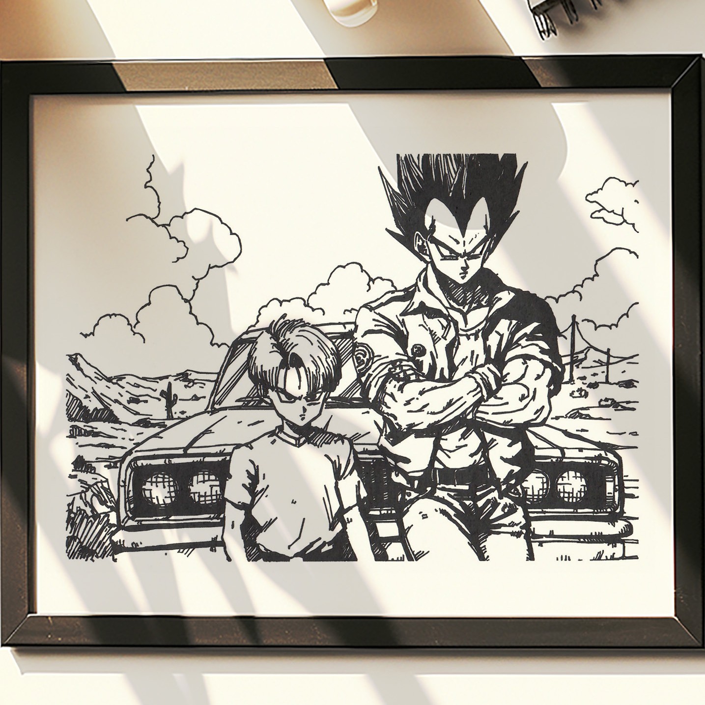 Hand Drawn (Not a Print) Dragon Ball Vegeta Trunks Framed Pen & Ink Art Drawing