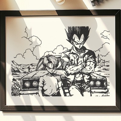 Hand Drawn (Not a Print) Dragon Ball Vegeta Trunks Framed Pen & Ink Art Drawing