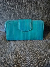 Lee Sands Eel Skin Wallet 8" Zip Around, Checkbook, Cards, Coins Blue Green