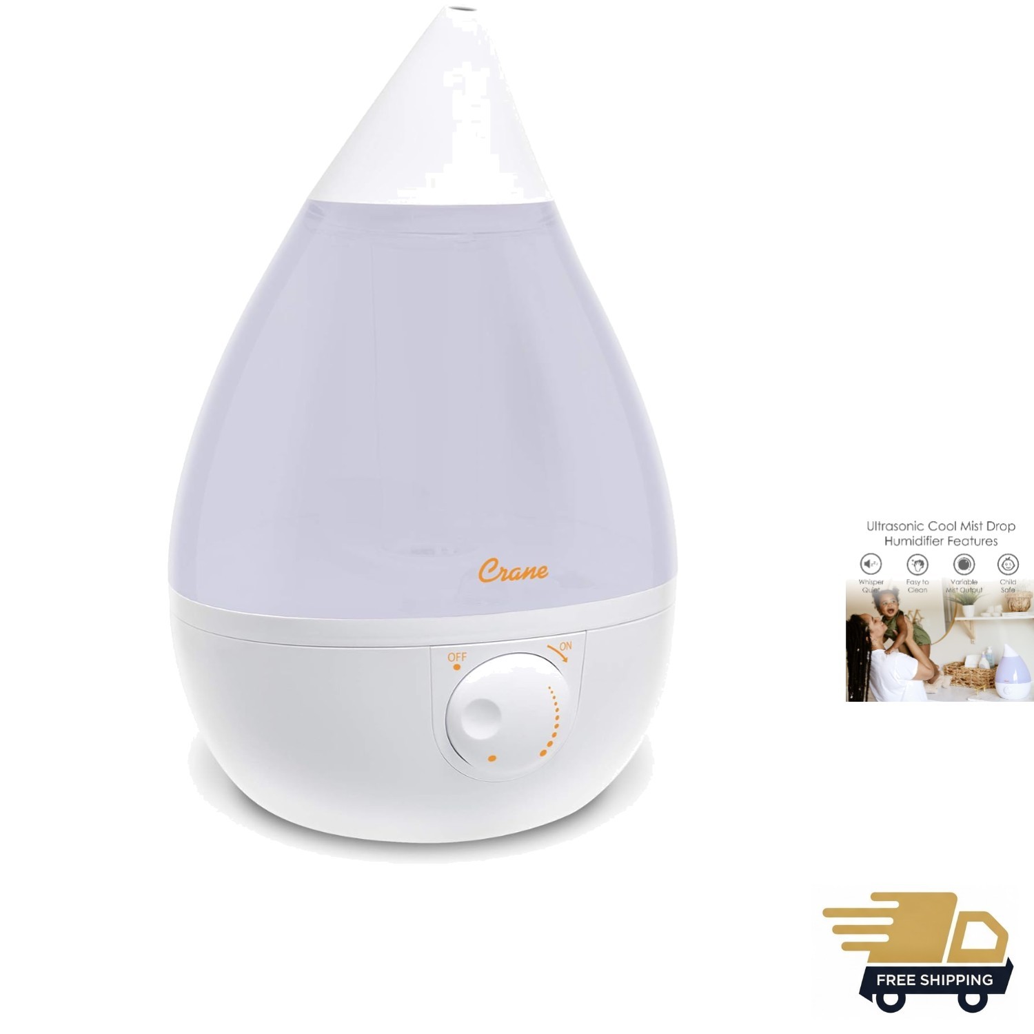White Drop Ultrasonic Cool Mist Teardrop Humidifier, 1 Gallon Tank, Baby Humi...