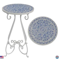Charming 14" Blue Ceramic Tile Round Accent Table - Versatile Outdoor Side Table