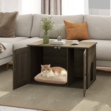 Hidden Cat Litter Box Enclosure Furniture w/Divider for Living Room Hallway, Oak