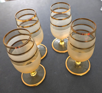 Vintage Lot of 4 Czech Bohemian Gold Band Stemmed Cordial Shot Glasses MCM