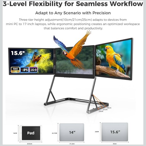 15.6" Triple Laptop Screen Extender – Dual 1080p IPS, USB-C One-Cable - Picture 3 of 9