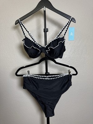 CUPSHE Black/White Solid Ruffle Trim Wide Strap Lined Bikini Set L
