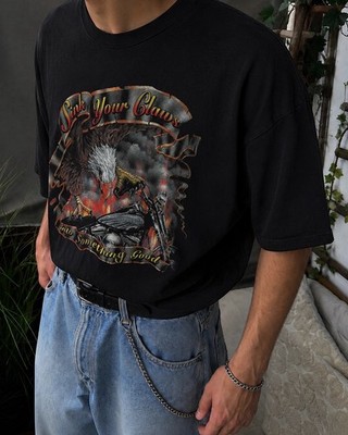Vintage Delta Biker T-Shirt Sink Your Claws Eagle Motorrad Graphic Schwarz Gr. L