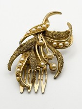 Vintage Gold Tone Faux Pearl Floral Hair Clip Textured Leaf Mid Century Retro