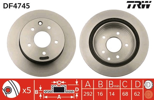 Disque de frein TRW DF4745 en acier carbone ventilé pour essieu arrière de berline