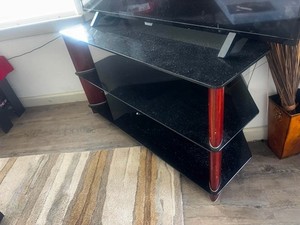 Black Glass & Medium Wood TV Stand, 3-Shelf Open Storage, Freestanding