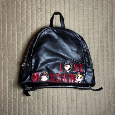 Love Moschino Black Faux Leather Backpack Jeweled Patches Red Logo AS IS Repair